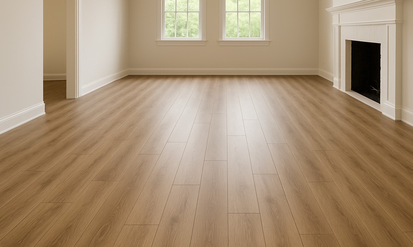 An AI Generated Image of wood-imitating LVP Flooring installed in a home and freshly cleaned.
