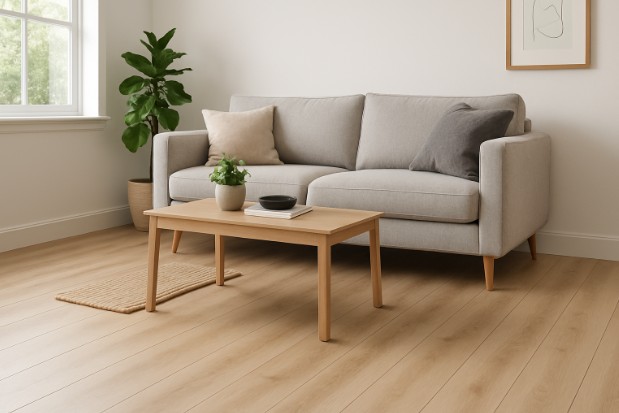 AN image of a bright, naturally lit room showing new LVP Flooring that has been professionally installed.  A couch, table, and plant can be seen placed on top of the newly installed LVP floor.