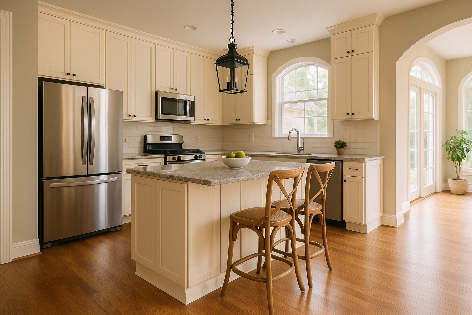 A traditional-style kitchen in a Gulf Coast home featuring cream-colored shaker cabinets, brushed nickel hardware, white subway tile backsplash, and stainless steel appliances. The space includes a large center island with granite countertops, wood-look f