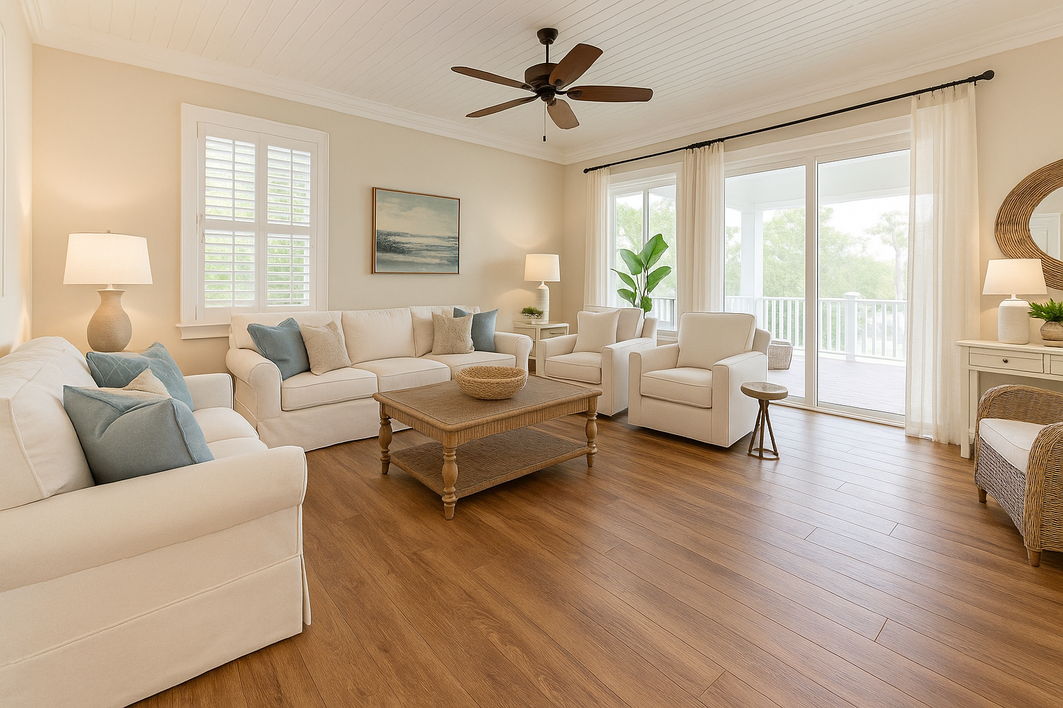 A spacious coastal-style living room in a Spanish Fort, Alabama home featuring warm, wood-look luxury vinyl plank flooring. The room includes white slipcovered sofas, a rattan coffee table, soft neutral armchairs, and coastal decor elements like plantatio